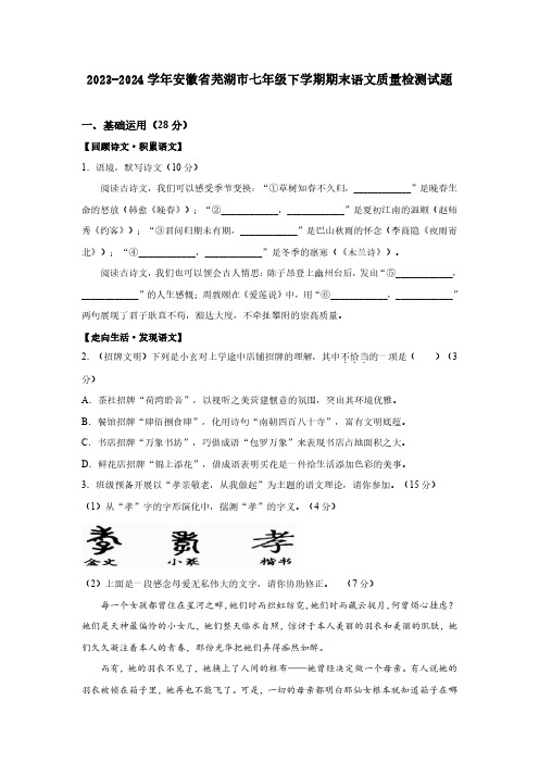 2023-2024学年安徽省芜湖市七年级下学期期末语文质量检测试题(含答案)