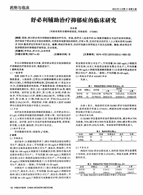 舒必利辅助治疗抑郁症的临床研究