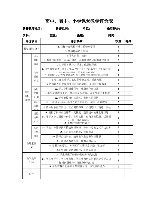 课堂教学评价表