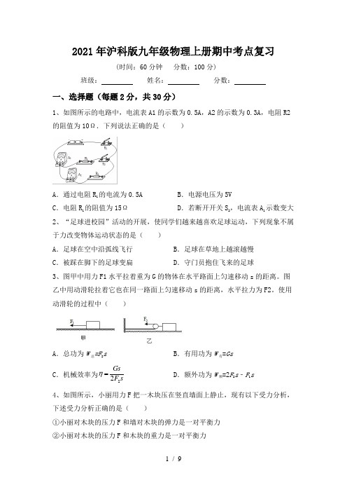2021年沪科版九年级物理上册期中考点复习