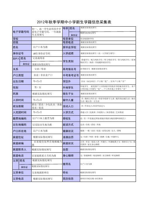 2012年秋季学期中小学电子学籍信息采集表