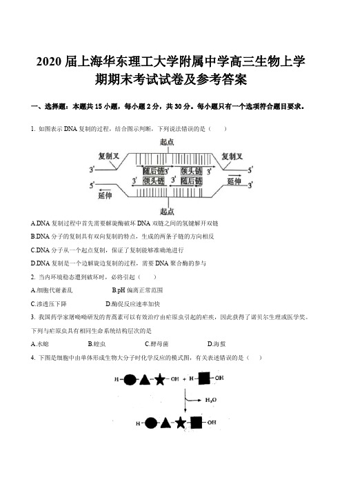 2020届上海华东理工大学附属中学高三生物上学期期末考试试卷及参考答案