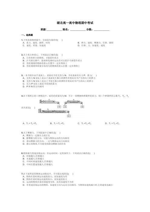 湖北高一高中物理期中考试带答案解析
