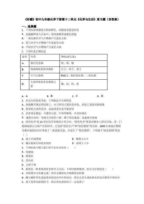 《好题》初中九年级化学下册第十二单元《化学与生活》复习题(含答案)