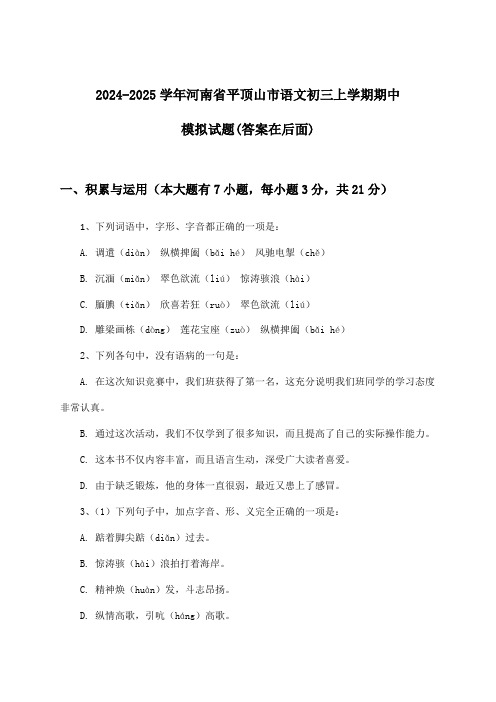 2024-2025学年河南省平顶山市初三上学期期中语文试题及解答参考