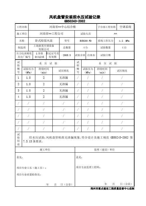 裙楼风机盘管安装前水压试验记录