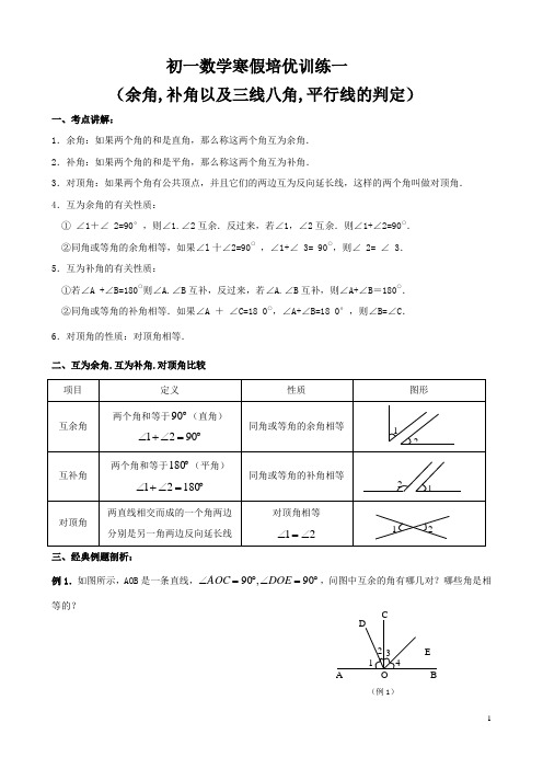 初一数学下寒假培优训练讲义--平行线