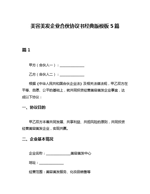 美容美发企业合伙协议书经典版模板5篇