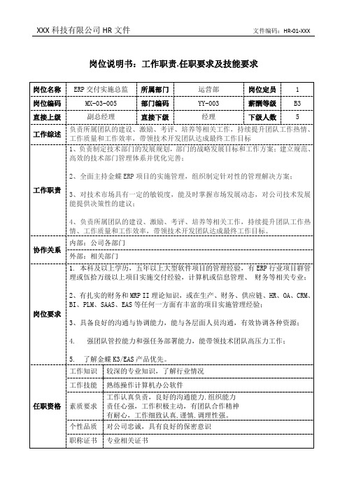 ERP交付实施总监岗位职责说明书和任职要求