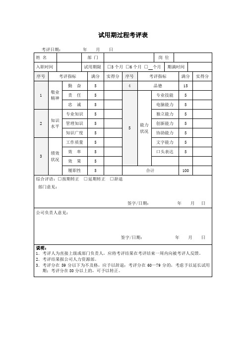 试用期过程考评表(通用版)