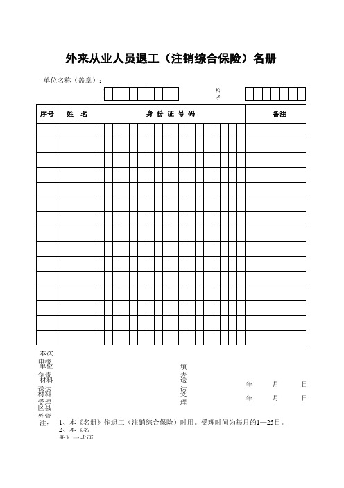 外来从业人员退工(注销综合保险)名册