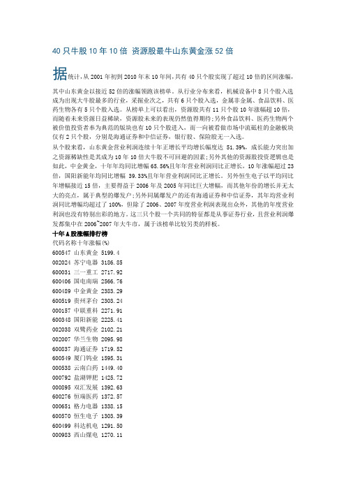 40只牛股10年10倍 资源股最牛山东黄金涨52倍