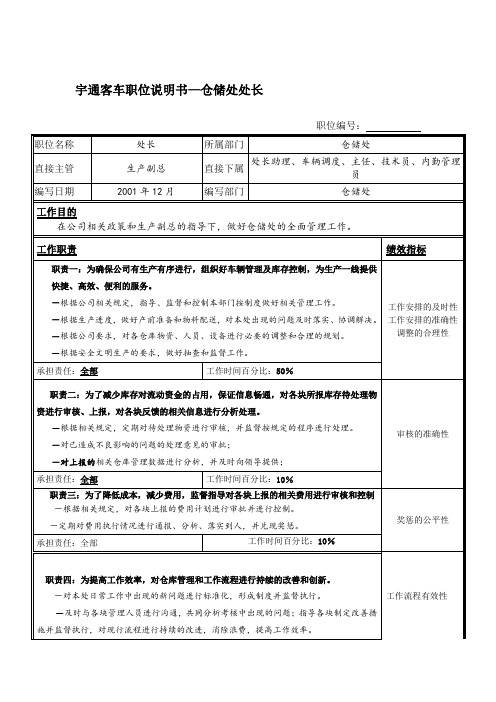 宇通客车职位说明书—仓储处处长.doc