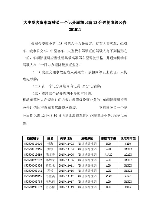 大中型客货车驾驶员一个记分周期记满12分强制降级公告20151