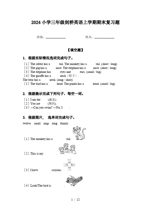 2024小学三年级剑桥英语上学期期末复习题