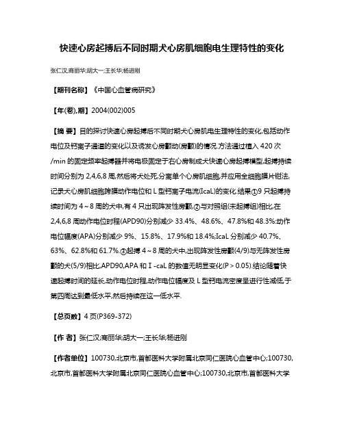 快速心房起搏后不同时期犬心房肌细胞电生理特性的变化