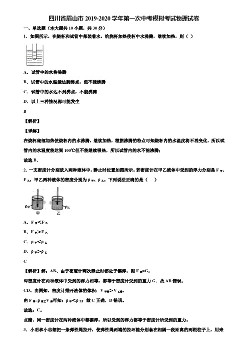 四川省眉山市2019-2020学年第一次中考模拟考试物理试卷含解析