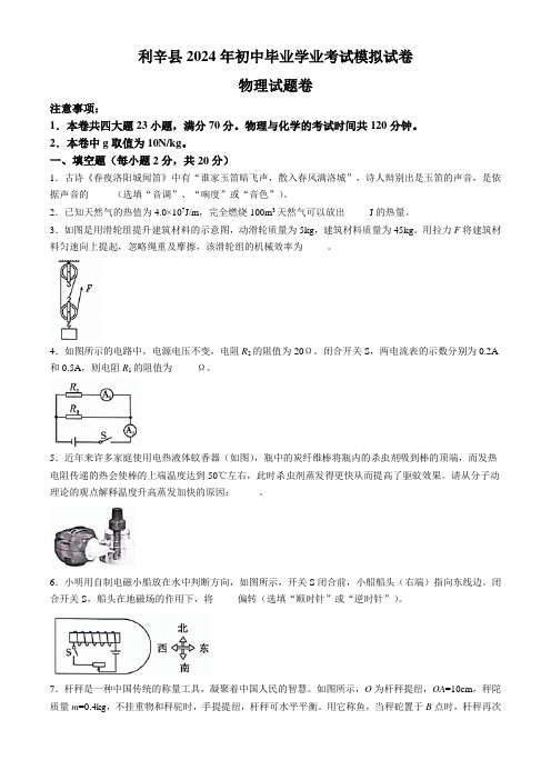 2024年安徽省亳州市利辛县中考模拟预测物理试题(有答案)