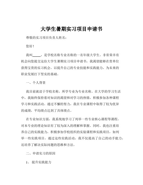 大学生暑期实习项目申请书