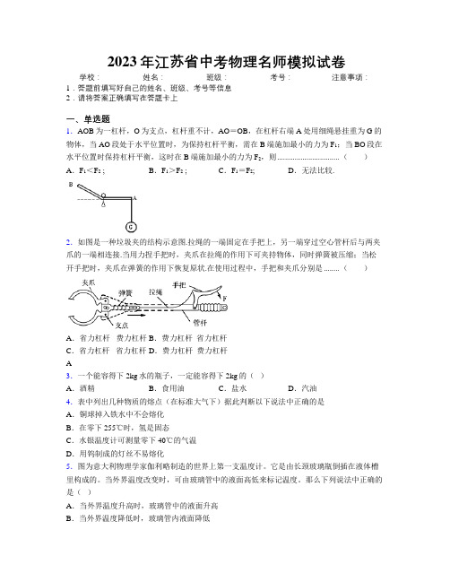 2023年江苏省中考物理名师模拟试卷附解析