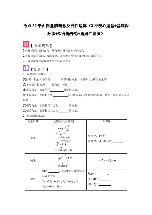 考点30平面向量的概念及线性运算(3种核心题型)(学生版) 2025年高考数学大一轮复习(新高考版)