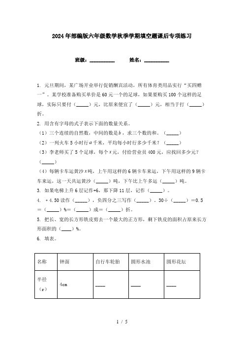 2024年部编版六年级数学秋季学期填空题课后专项练习