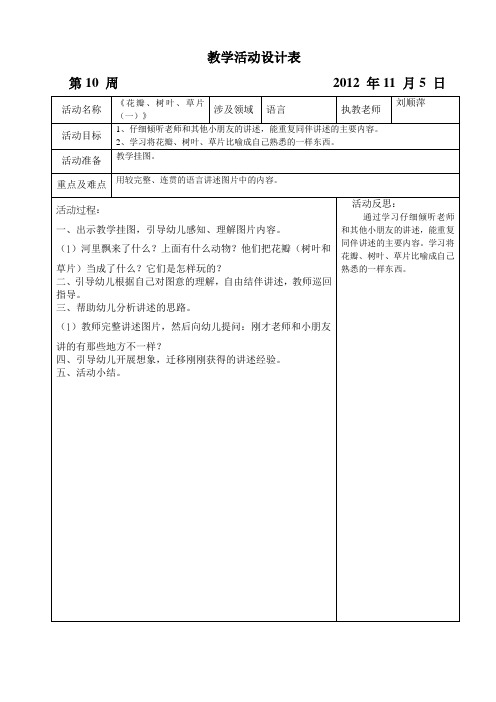 坑头幼儿园2012学年第一学期中二班备课,第十周