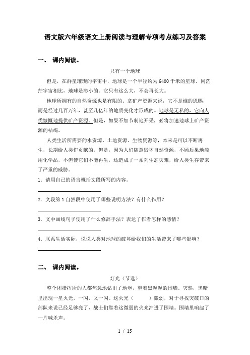 语文版六年级语文上册阅读与理解专项考点练习及答案