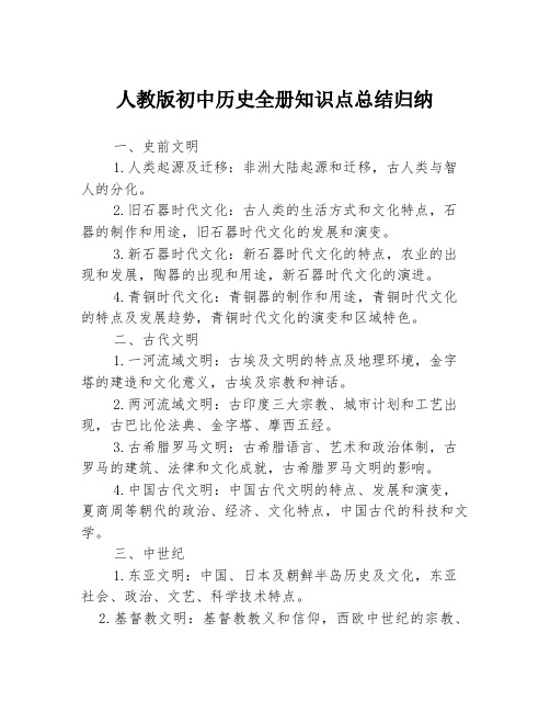 人教版初中历史全册知识点总结归纳