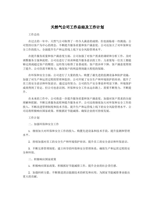 天然气公司工作总结及工作计划