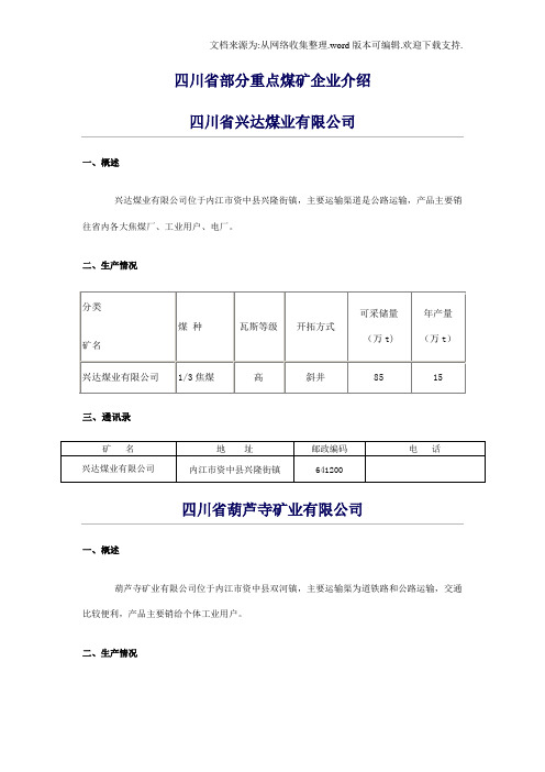 四川省部分重点煤矿企业介绍