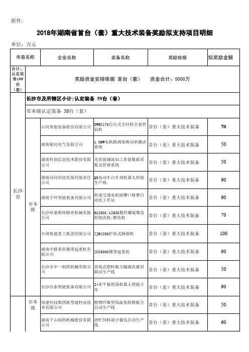 (完整)2018年湖南省首台(套)重大技术装备奖励拟支持项目明细