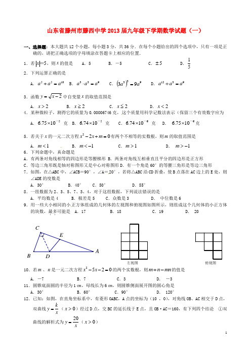 山东省滕州市滕西中学九年级数学下学期试题(一)