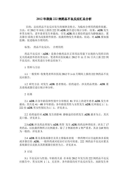 2012年我院222例药品不良反应汇总分析