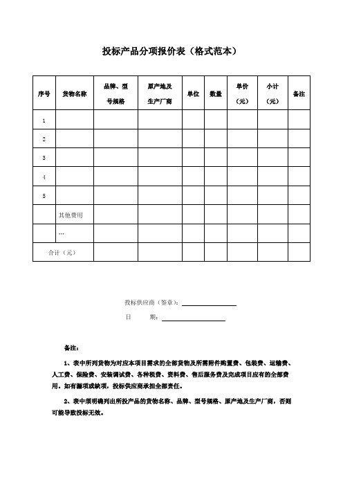 投标产品分项报价表(格式范本)