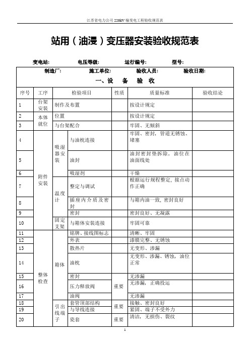 站用(油浸)变压器安装验收规范表