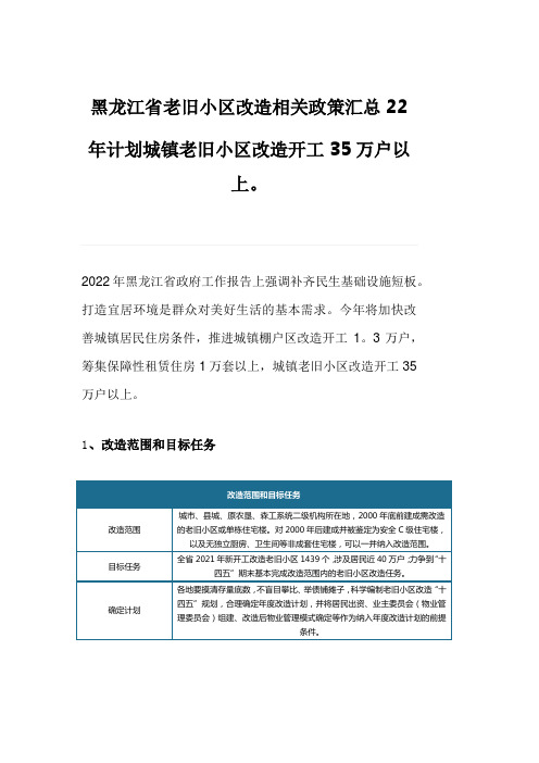 黑龙江省老旧小区改造相关政策汇总22年计划城镇老旧小区改造开工35万户以上。