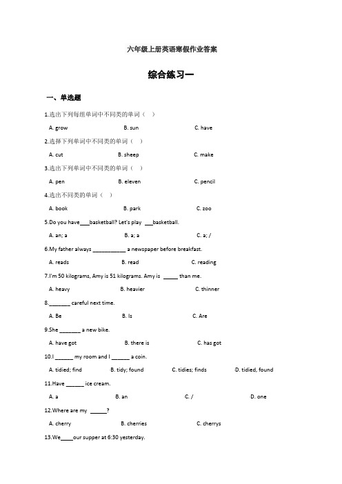 六年级上册英语寒假作业答案