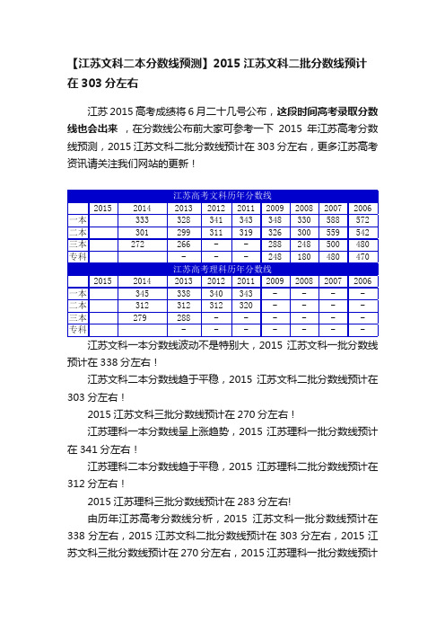 【江苏文科二本分数线预测】2015江苏文科二批分数线预计在303分左右