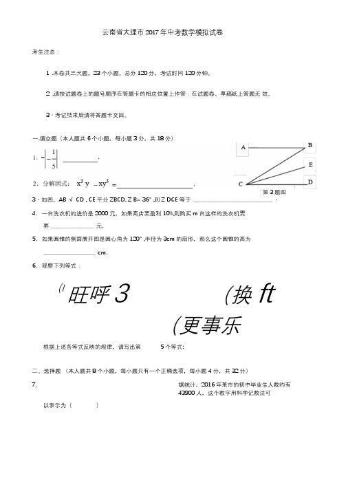 云南省大理市2019年中考数学模拟试卷及答案.doc