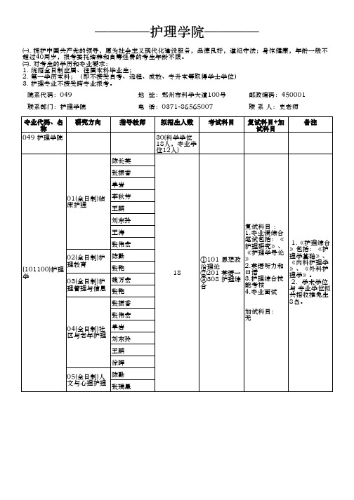 郑州大学2019年护理学院招生专业目录与导师简介