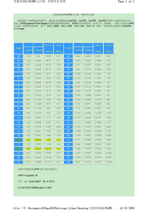 美制电线标准AWG与公制,英制单位对照