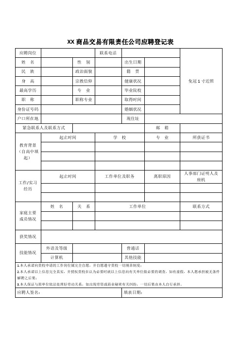 XX商品交易有限责任公司应聘登记表