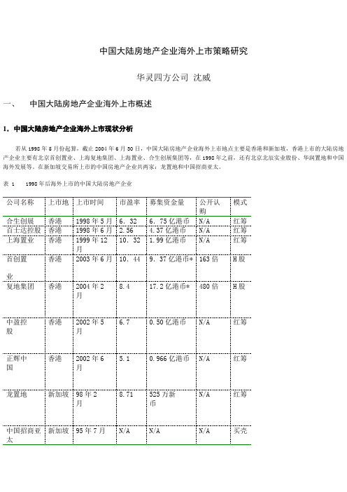 中国大陆房地产企业海外上市策略研究