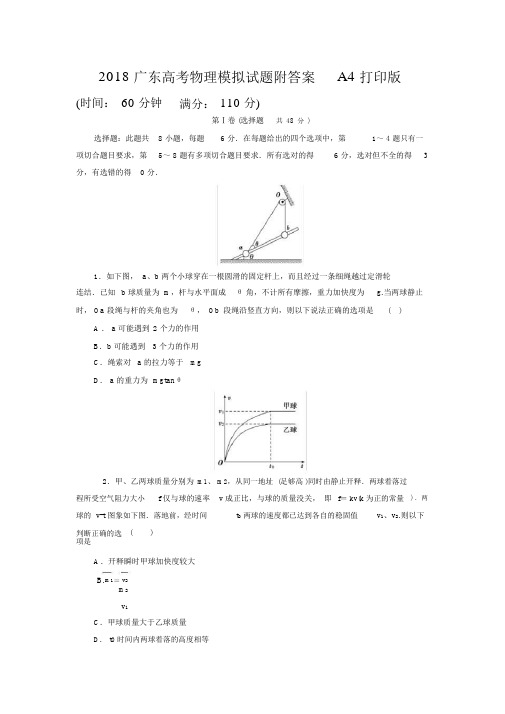 2018广东高考物理模拟试题附答案A4打印版