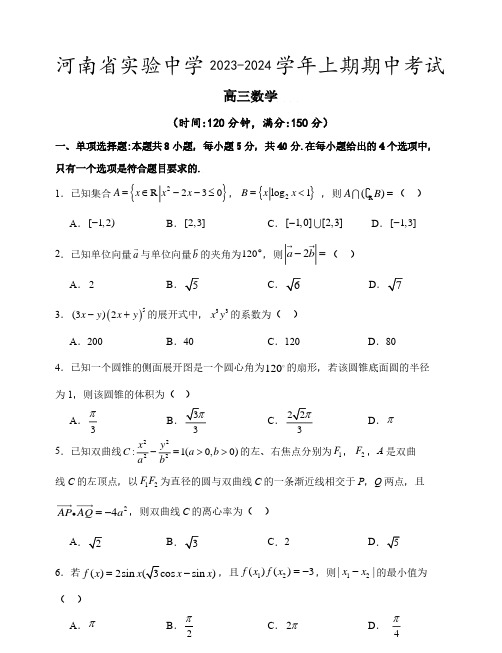 2024届河南实验中学高三上学期期中考试数学试卷含答案