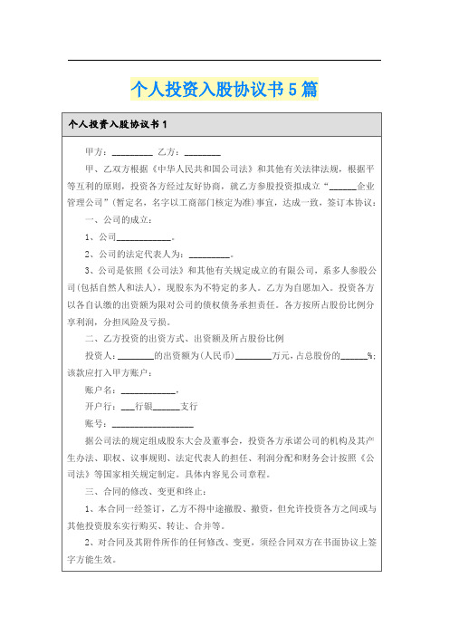个人投资入股协议书5篇