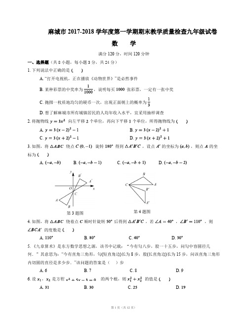 2017年秋季九年级数学期末考试试卷(1)