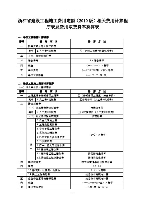 浙江省建设工程施工费用定额(2010版)相关费用计算程序表及费用取费费率换算表