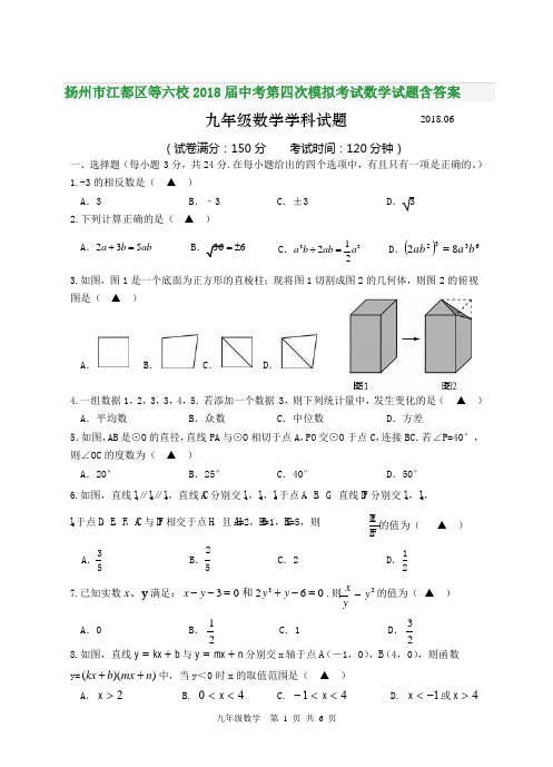 扬州市江都区等六校2018届中考第四次模拟考试数学试题含答案